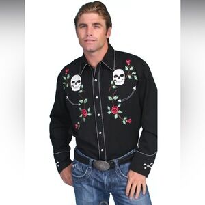 Scully Black Skull/Roses Emboidery Men's Long Sleeve Snap Shirt P-771
